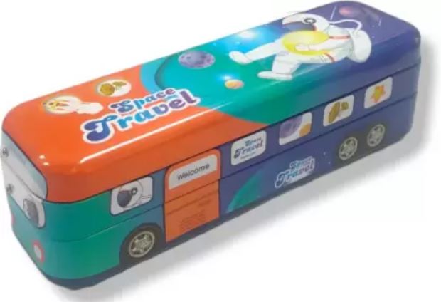 Space Cartoon Printed Bus Shaped Pull Back Pencil Box In Metal With Wheels Space