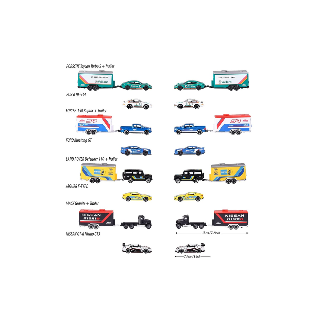 Majorette Race Trailer Ford F-150 Raptor + Mustang GT Diecast Model