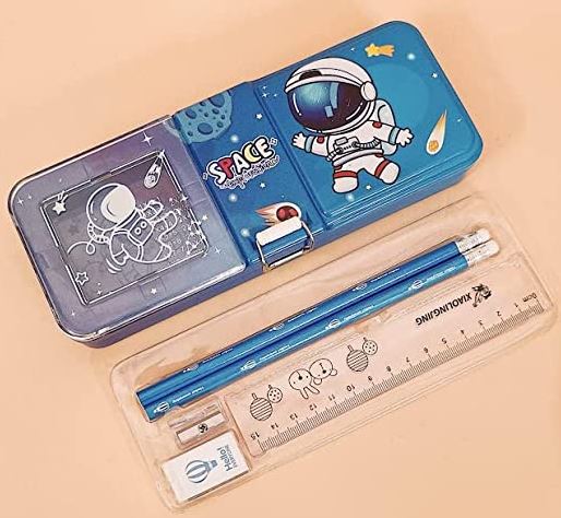 Space Steel Pencil Box With Stationary Set For Girls Boys 2 Pencil Sharpener Sca