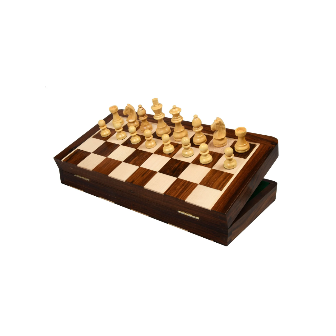 chess bazar Travel Series Folding Magnetic Lacquer Chess Set in Sheesham & Maple - 14"